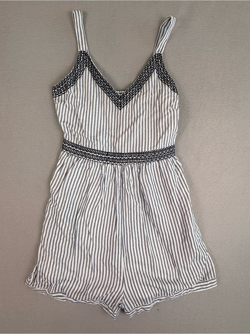Billa Women’s M Blue White Striped Romper Cotton V Neck Embroidered Pockets